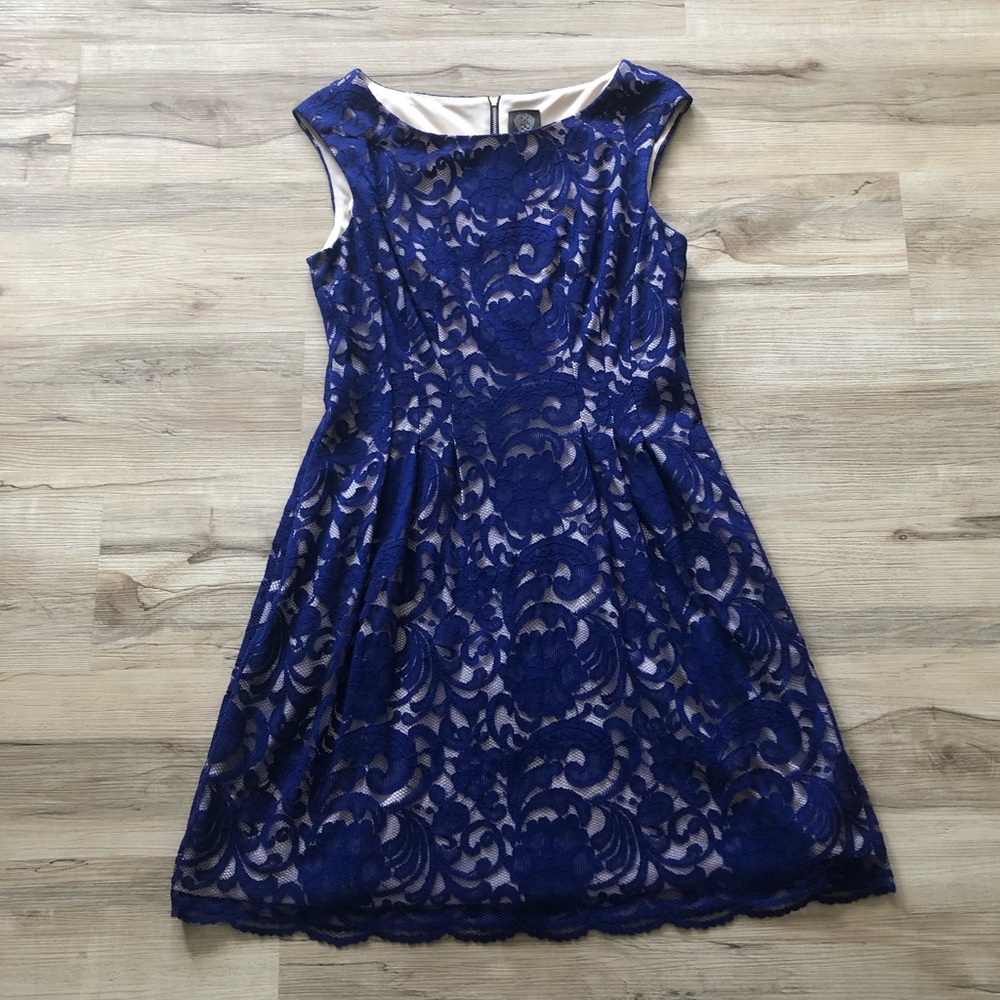 Vince Camuto Nude & Blue Lace Overlay Dress